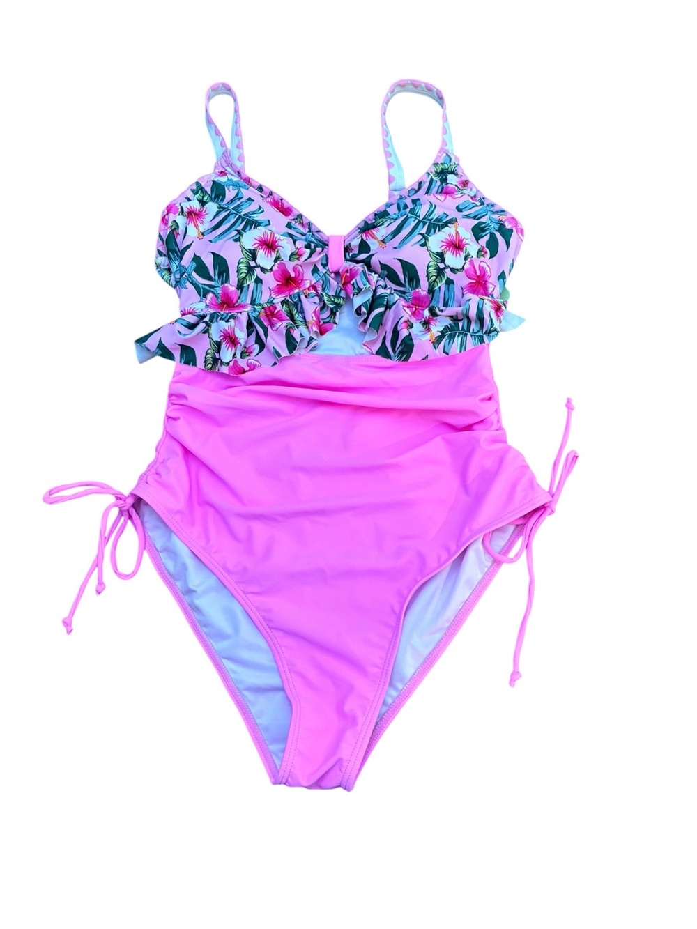 Women’s Pink Tropical Ruffle One-Piece Swimsuit